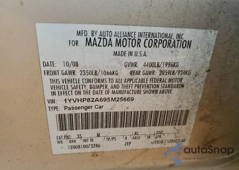 2009 Mazda 6 I z USA, uszkodzony, nr VIN 1YVHP82A695M25669